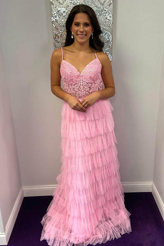 Vestido largo de fiesta de tul con volantes y corte en A con encaje