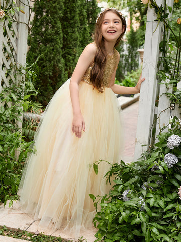 Ball-Gown/Princess Tulle Floor-length Champagne Flower Girl Dress