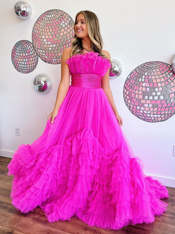 Robe de bal longue rose en tulle à volants, coupe trapèze, sans bretelles