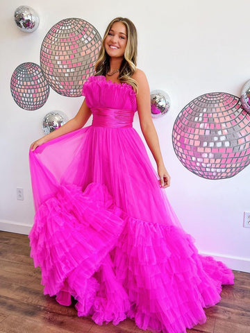 Robe de bal longue rose en tulle à volants, coupe trapèze, sans bretelles