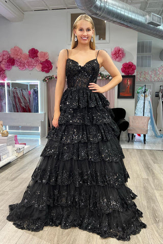 A Line Spaghetti Straps Tiered Lace Prom Dress