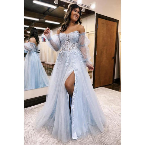 Glamoroso y dramático vestido de fiesta de graduación con hombros descubiertos, mangas largas, corte A, abertura lateral, apliques de tul