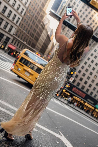 Sparkle 'til Dawn Mermaid Spaghetti Straps Golden Sequins Long Prom Dress with Split Front