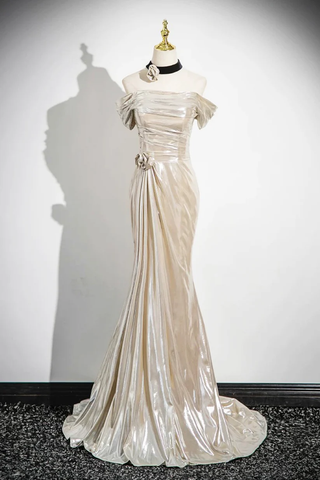 Robe de bal sirène en satin champagne à épaules dénudées Y8202