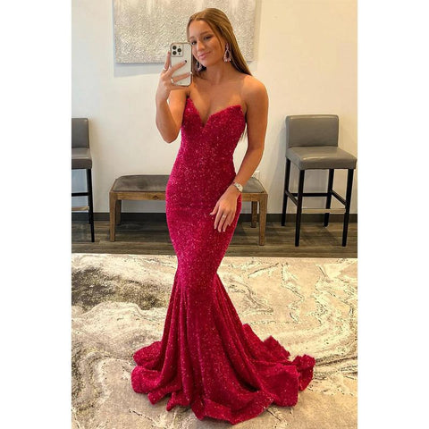 Vestido de fiesta largo de sirena con escote en V y purpurina sexy