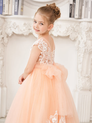 A-line Lace Tulle Sweep Train Pink Flower Girl Dress