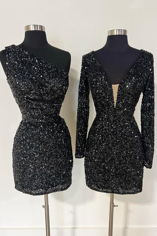 Vestido ajustado de fiesta con lentejuelas moradas brillantes, escote en V y mangas largas.