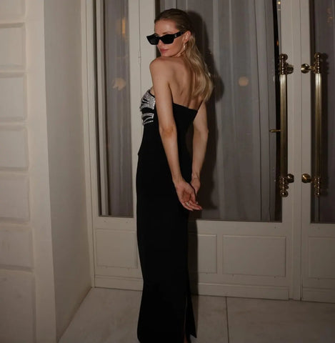 High Quality Black Color Celebrity Red Carpet Evening Party Dress Women Sexy Strapless Rhinestones Bodycon Bandage Long Dress