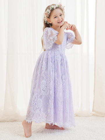 A-line Lace Ankle-length Ivory Boho Flower Girl Dress