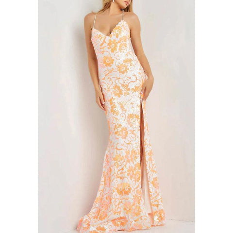 Robe de soirée longue à bretelles spaghetti et col en V, motif floral pailleté