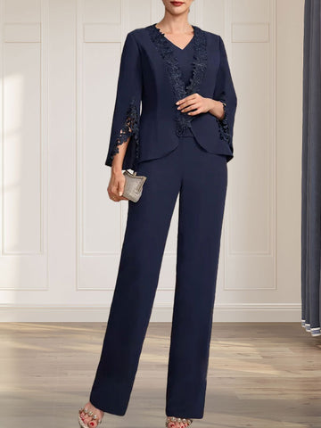 Separates Jumpsuit/Pantsuit V-Neck Floor-Length Chiffon Mother of the Bride Dress