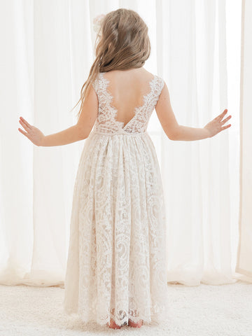 A-line Lace Ankle-length Ivory Boho Flower Girl Dress