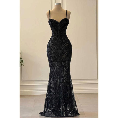 Robe de soirée transparente à bretelles spaghetti et perles 