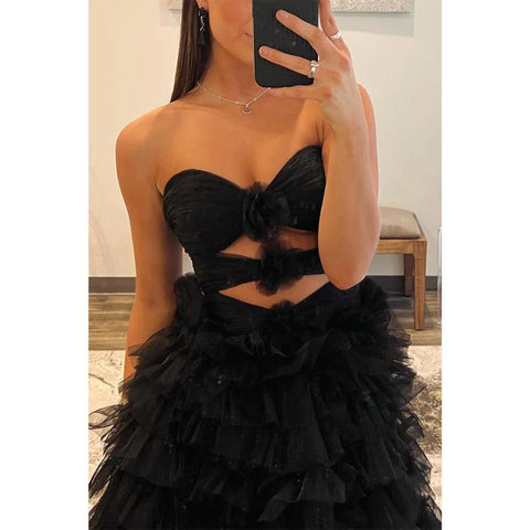 Vestido de noche para fiesta de graduación, escote corazón, sin tirantes, corte A, ilusión, capas, con abertura lateral 