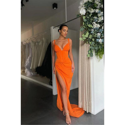 Vestidos de fiesta de sirena con escote en V, pliegues y abertura alta sexys 