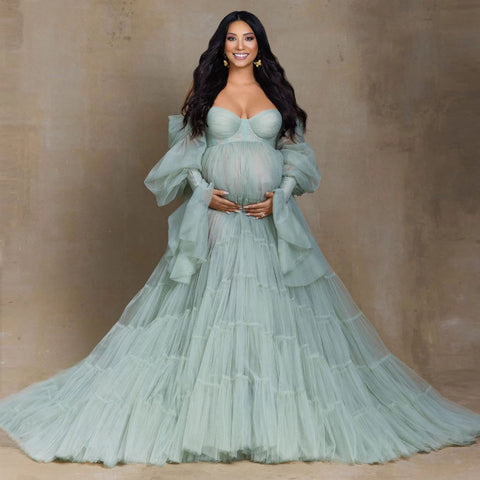 Elegant Tulle Maternity Dress for Photoshoot Ruffle Puff Sleeves Bridal Robe Maternity Gowns Green Pregnancy Photography Dresses