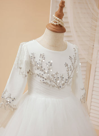 A-line Satin Tulle Court Train White First Communion Flower Girl Dress