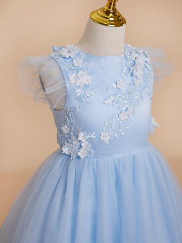 Ball-Gown/Princess Satin Tulle Tea-length Blue Dress (2003225970)