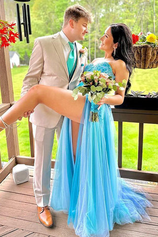 A Line Sweetheart Blue Corset Prom Dress with Appliques Split Front