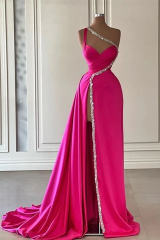 Magnifique robe de bal longue asymétrique en satin ornée de perles, fente, Y7692