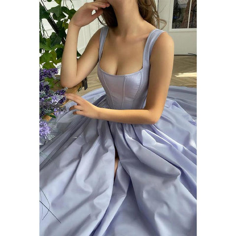 Robe de bal longue en satin à doubles bretelles et fente haute, coupe trapèze, avec poches