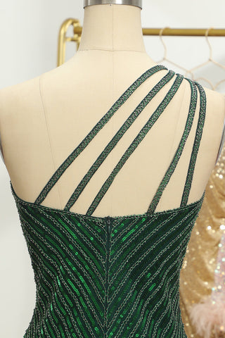 Vestido ajustado verde brillante de un solo hombro con cuentas para baile de bienvenida