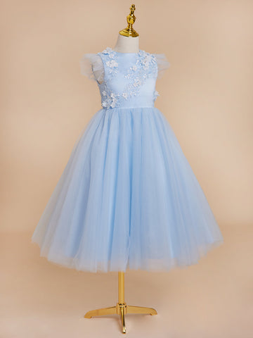 Ball-Gown/Princess Satin Tulle Tea-length Blue Dress (2003225970)