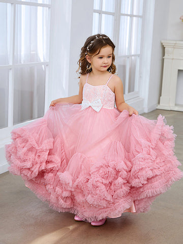A-line Tulle Floor-length Pink Flower Girl Dress