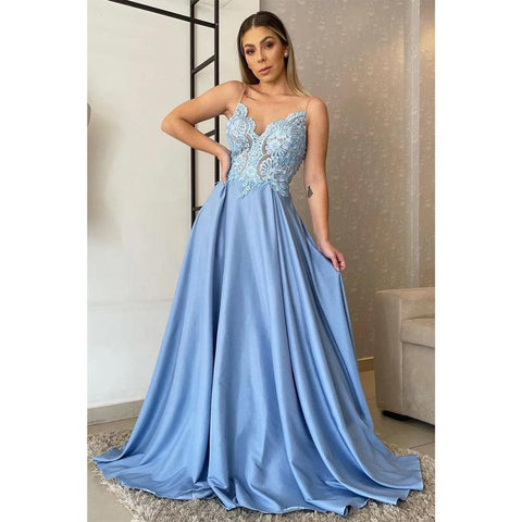 Vestido de noche formal largo con apliques de encaje y tirantes finos para mujer 