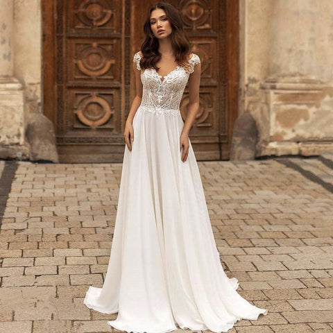 #001 Modern V-Neck Wedding Dresses Lace Appliques Chiffon Backless Boho A-Line Bride Gown Backless Sweep Train Vestido de novia