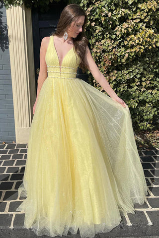 Robe de bal trapèze en tulle pailleté à col V