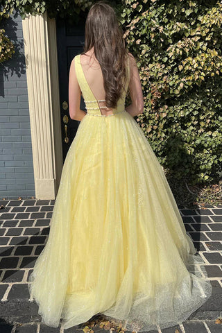 Robe de bal trapèze en tulle pailleté à col V