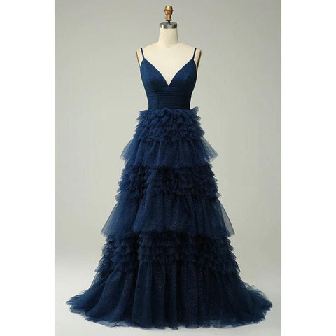 Vestido largo de fiesta de bienvenida con escote en V, tirantes finos y tul fruncido, corte A 