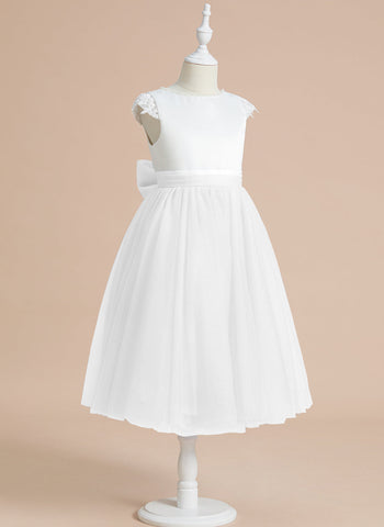 A-line Satin Tulle Tea-length First Communion Flower Girl Dress
