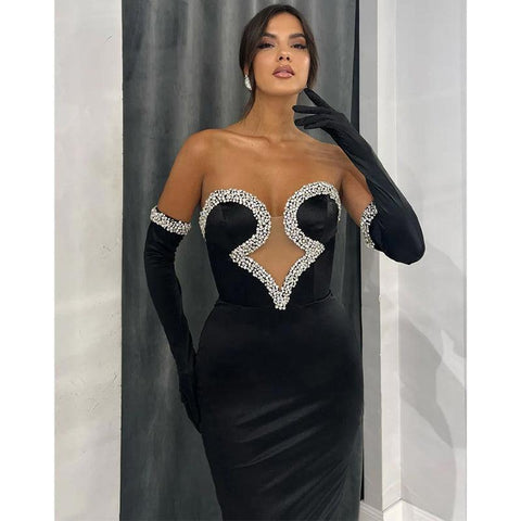 Sheath Strapless Beaded Satin Pleats Long Sleeves Prom Dress Evening Gowns