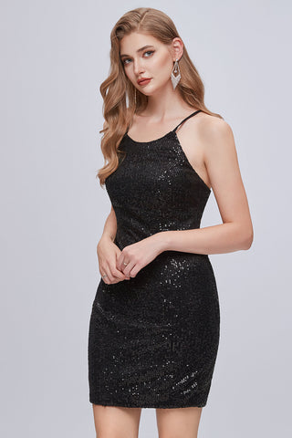 Robe de bal courte à paillettes noires et bretelles spaghetti lacée 