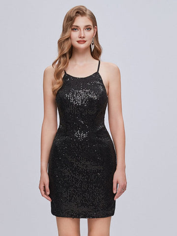 Robe de bal courte à paillettes noires et bretelles spaghetti lacée 
