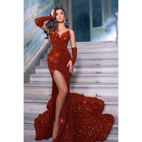 Vestido de fiesta sexy de sirena con lentejuelas y escote en V brillante con abertura