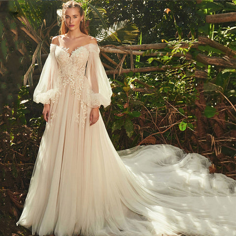 Robe de mariée élégante à col cœur et manches bouffantes longues pour femme 2023, robe de mariée classique en tulle dos nu 