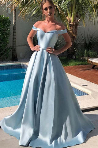 A Line Off the Shoulder Blue Long Prom Dress