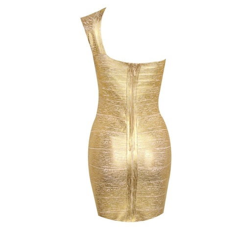 Sexy One-Shoulder Gold Bandage Dress Bodycon Club Party Prom Glitter Dress