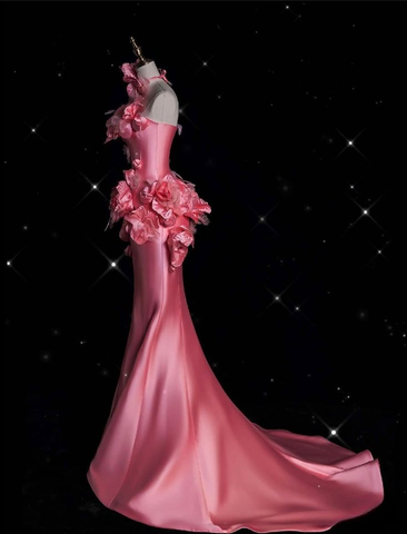 Vestido largo de noche de sirena con flores 3D de satén rosa, bonito modelo Y8339
