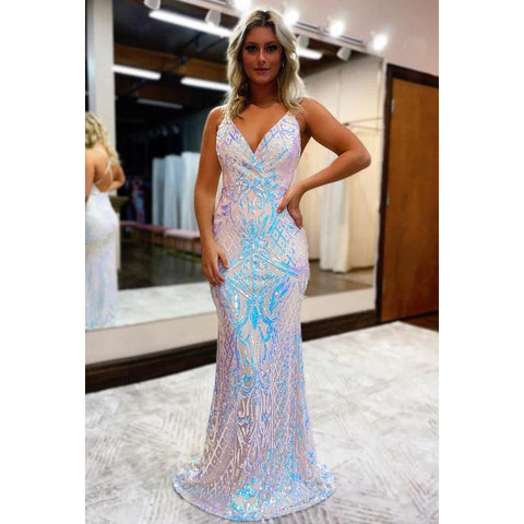 Vestido de noche de fiesta glamuroso y dramático con escote en V, tirantes finos, lentejuelas y espalda descubierta