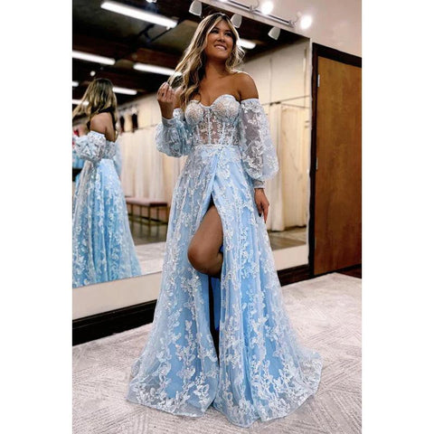 Vestido de fiesta formal glamuroso, dramático, sin mangas, con escote en forma de A, abertura y apliques