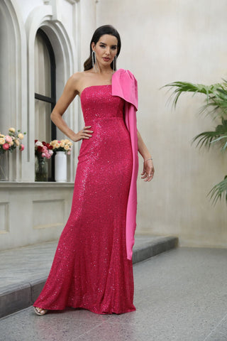 Red off Shoulder Dress Niche Irregular Asymmetric Single Shoulder Suspender Waist Slimming Sequined Elegant Evening Dress