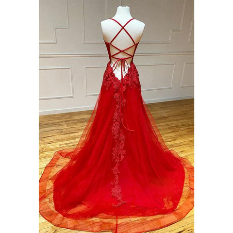 Robe de bal rouge unique avec appliques en tulle 