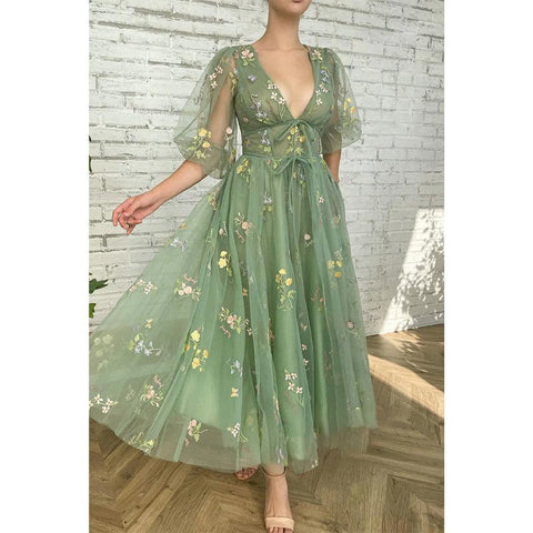 Vestido de fiesta sexy con escote en V, media manga, bordado de encaje y bolsillos