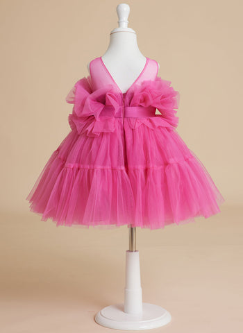 Enchanting Pink Princess Sleeveless Tulle Flower Girl Dress with Bow Accent (010224355)
