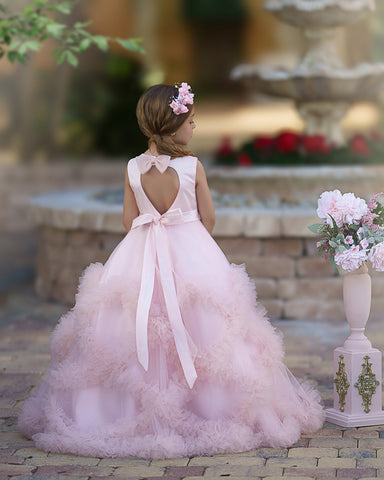 A-line Satin Tulle Floor-length Cascading Ruffles Flower Girl Dress