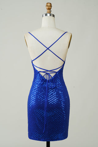 Vestido corto ajustado sin espalda con lentejuelas azules para baile de bienvenida